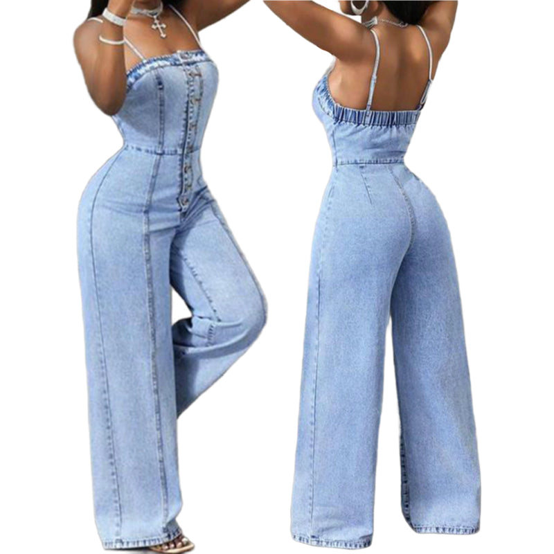 Jana - Damesjeansoverall met fijne schouderbanden