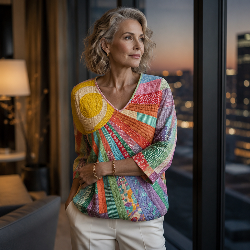 Cecily - Dames blouse retro patchwork met V-hals