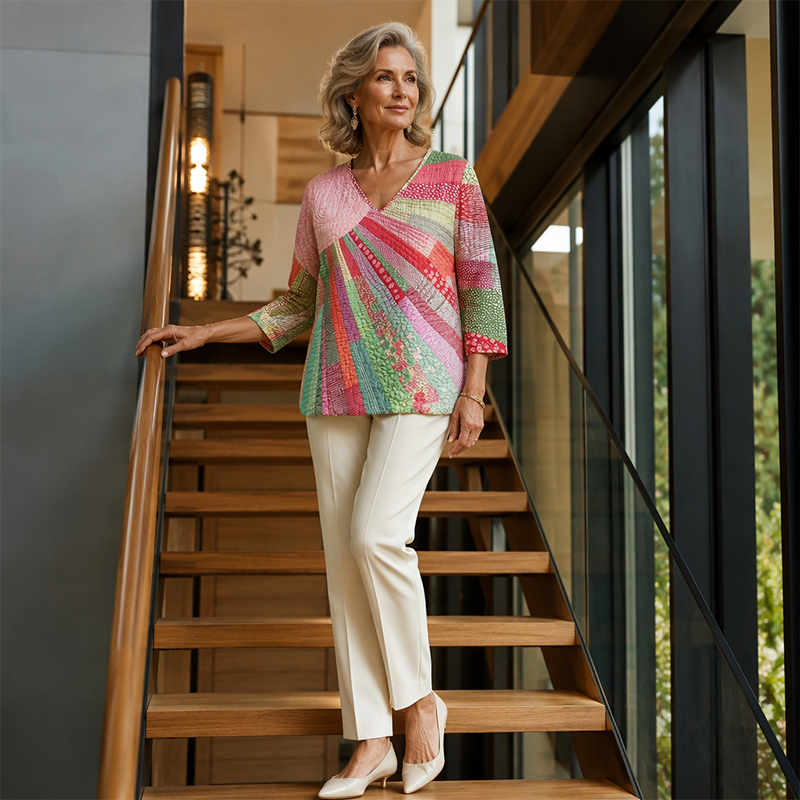 Cecily - Dames blouse retro patchwork met V-hals