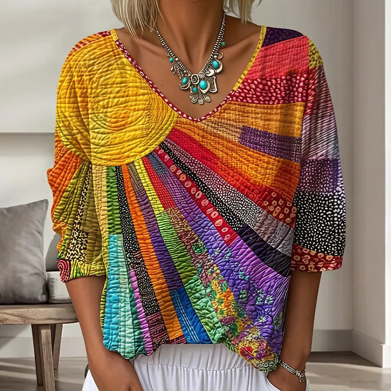 Cecily - Dames blouse retro patchwork met V-hals
