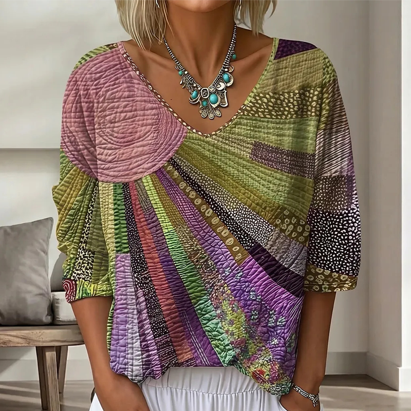 Cecily - Dames blouse retro patchwork met V-hals