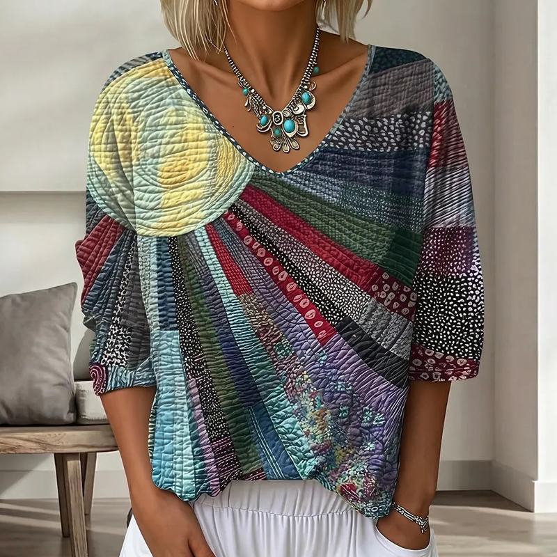 Cecily - Dames blouse retro patchwork met V-hals